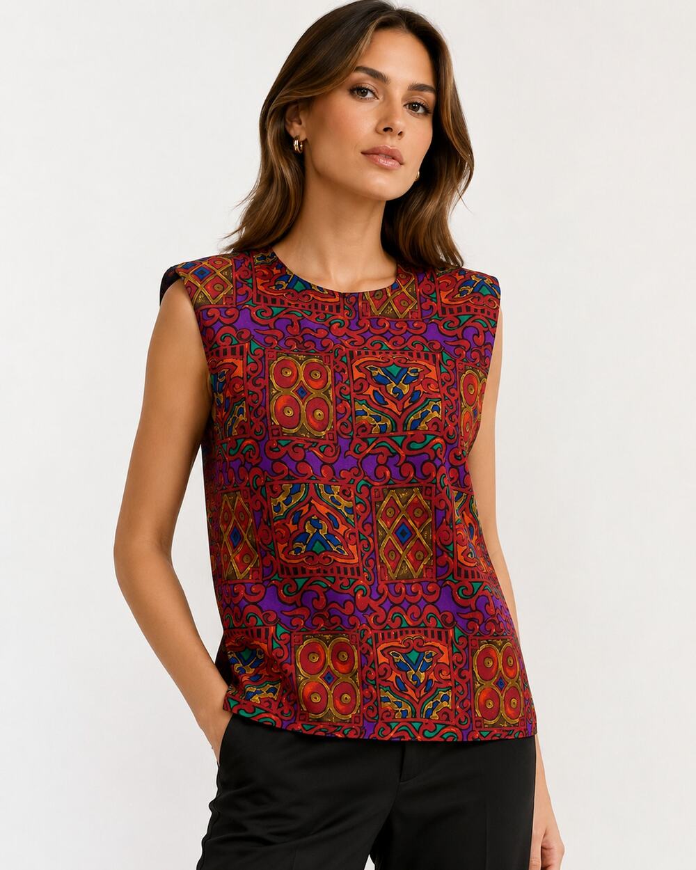 90s Silk Shell Blouse | Jewel Tone Print Shoulder Pad Top | S/M